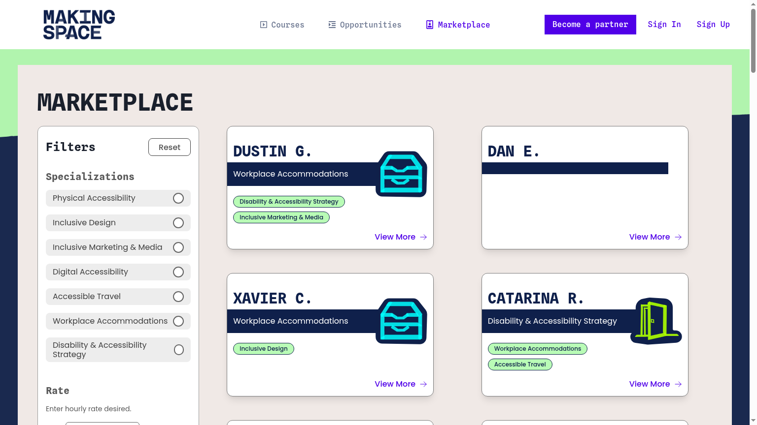 Making Space Marketplace page showing Disabled freelancers and their specializations